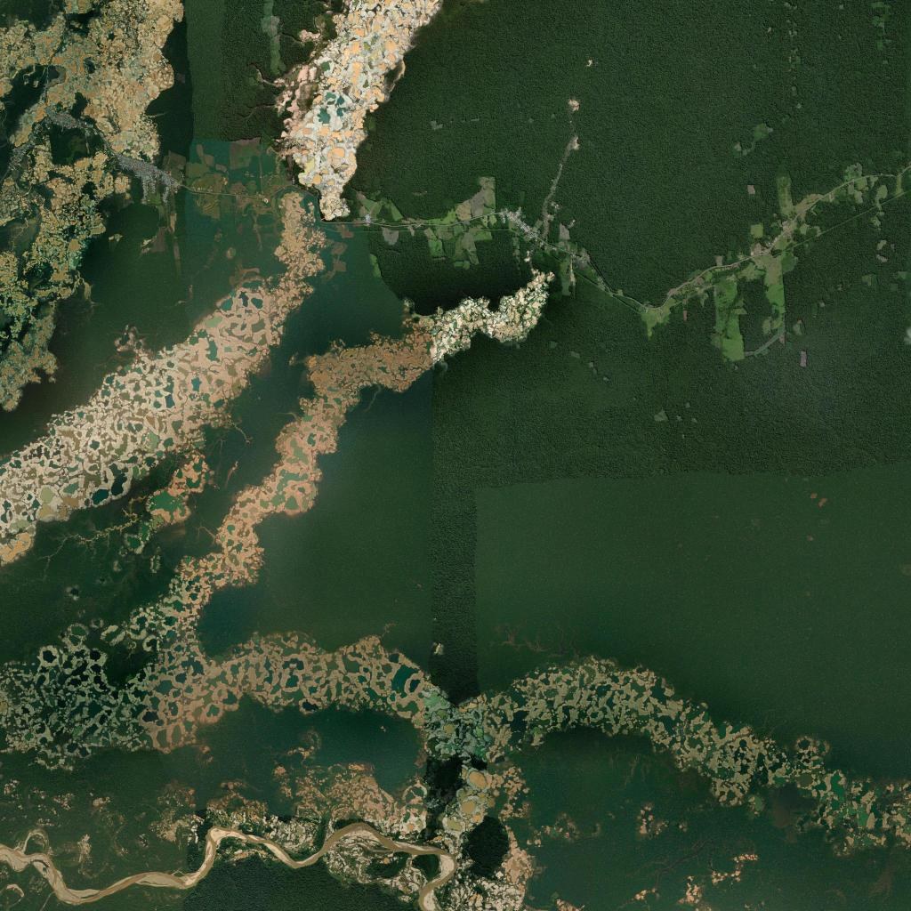 Gold-mining scars cratering the rainforest of Madre de Dios, Peru, in a satellite image