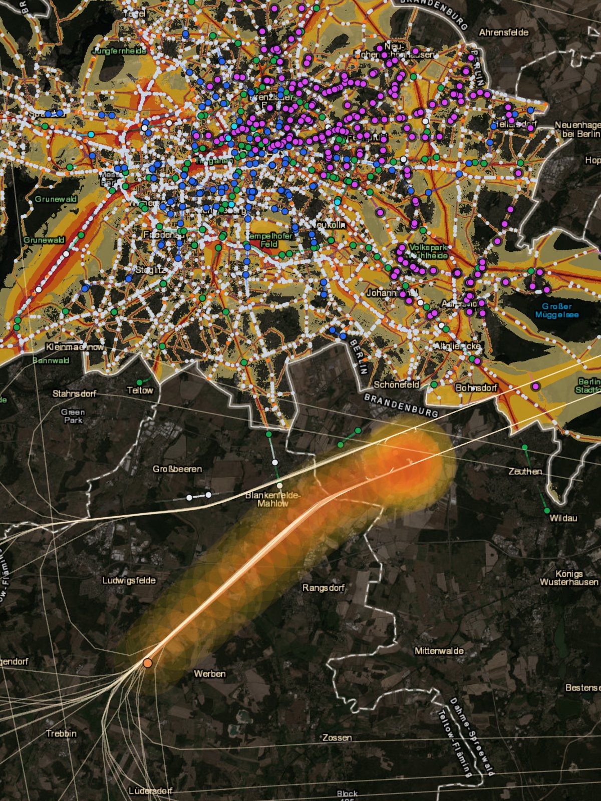 The story's noise map of Berlin: road and rail noise in yellow, orange and red, trains and road traffic as moving dots, and a plane climbing out of BER with its noise trailing behind it